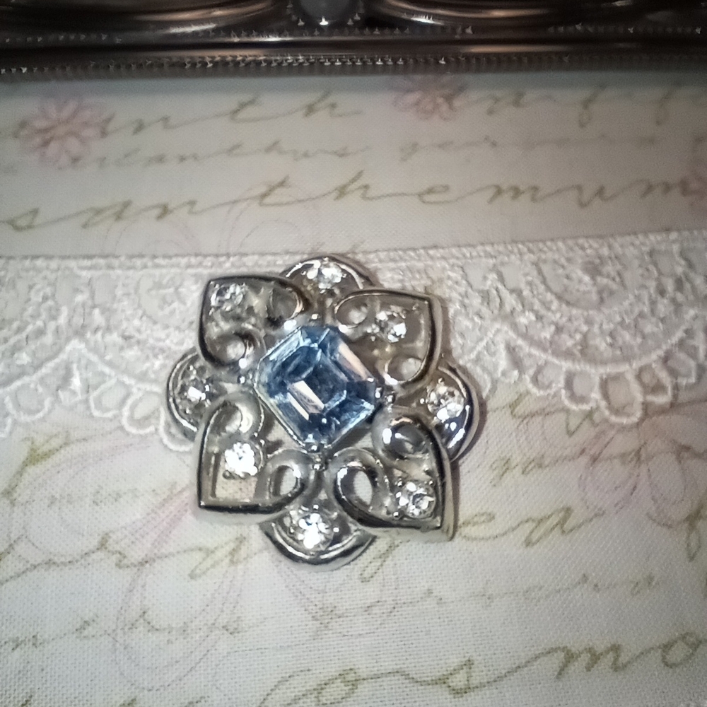 Vintage Silver Tone and Blue Crystal Brooch